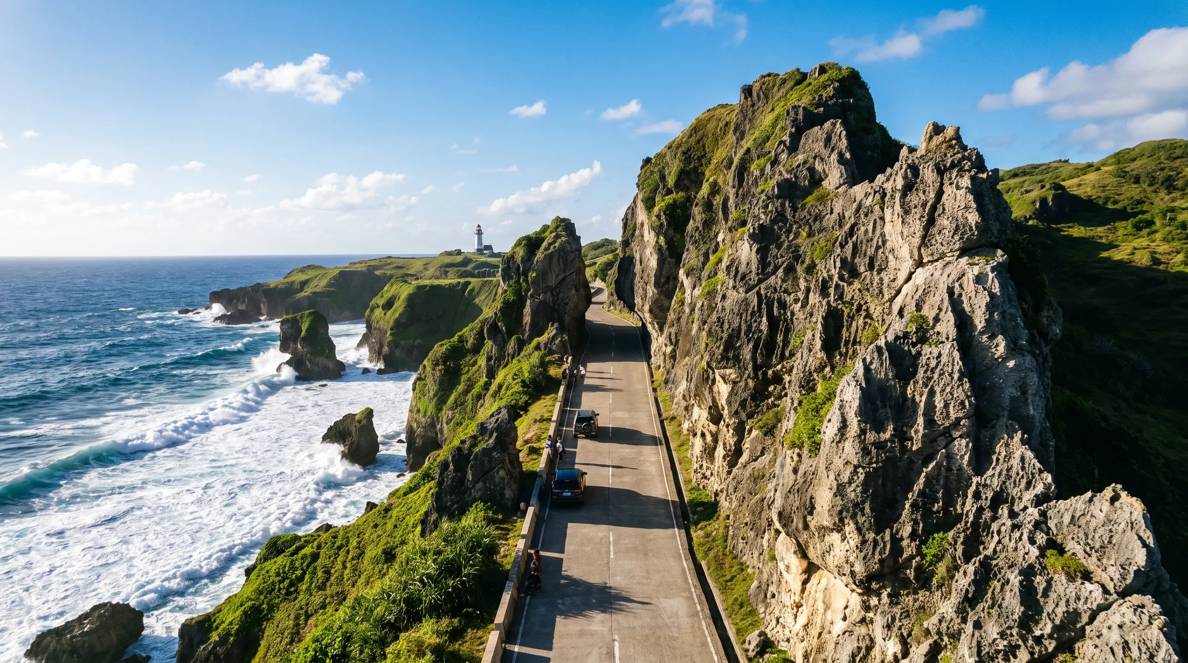 The carved rock pass and green coastal cliffs of Alapad Rock Formation overlooking the Pacific Ocean in Uyugan