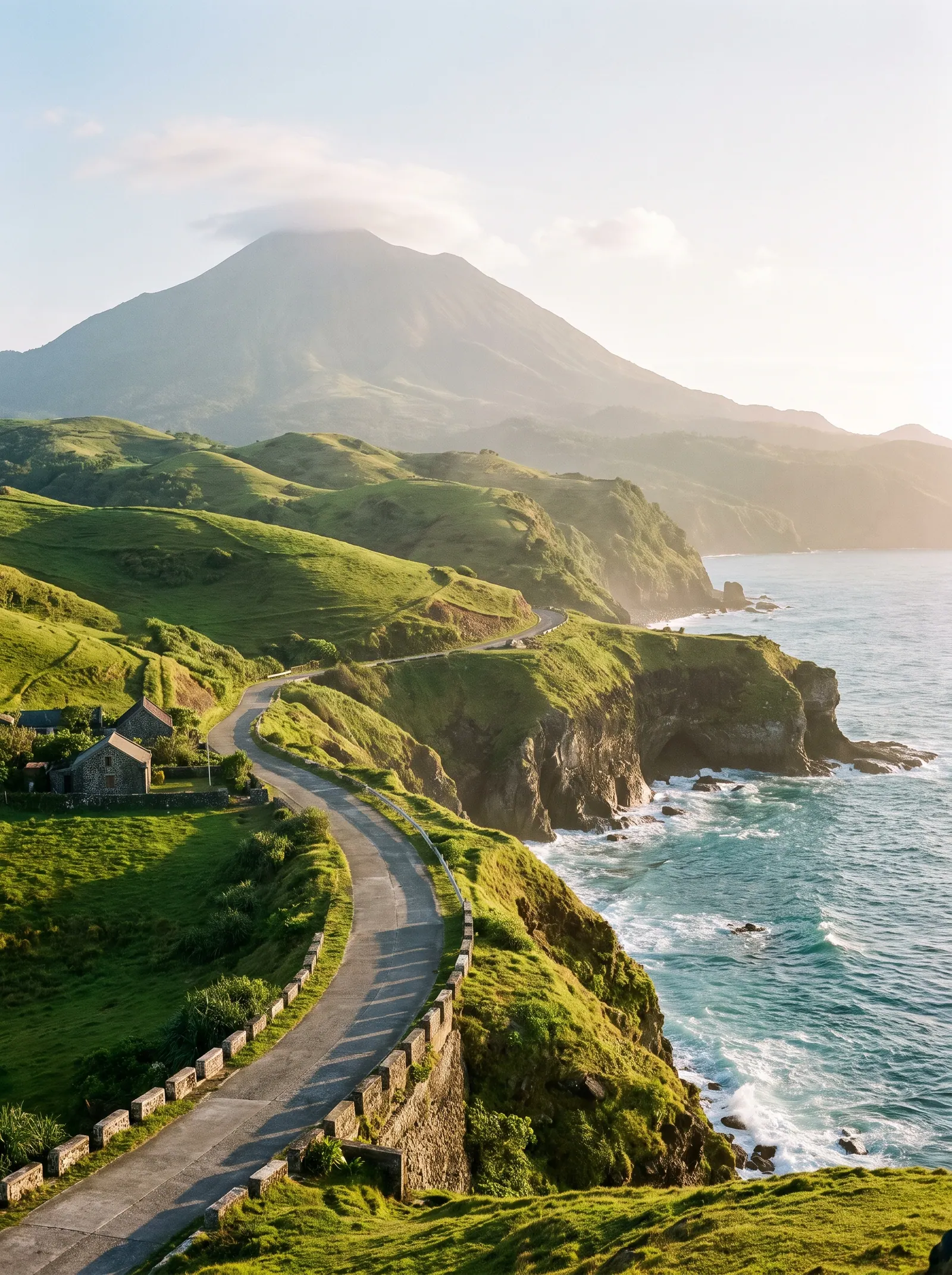 A winding coastal cliff road on Batan Island with Mount Iraya in the distance
