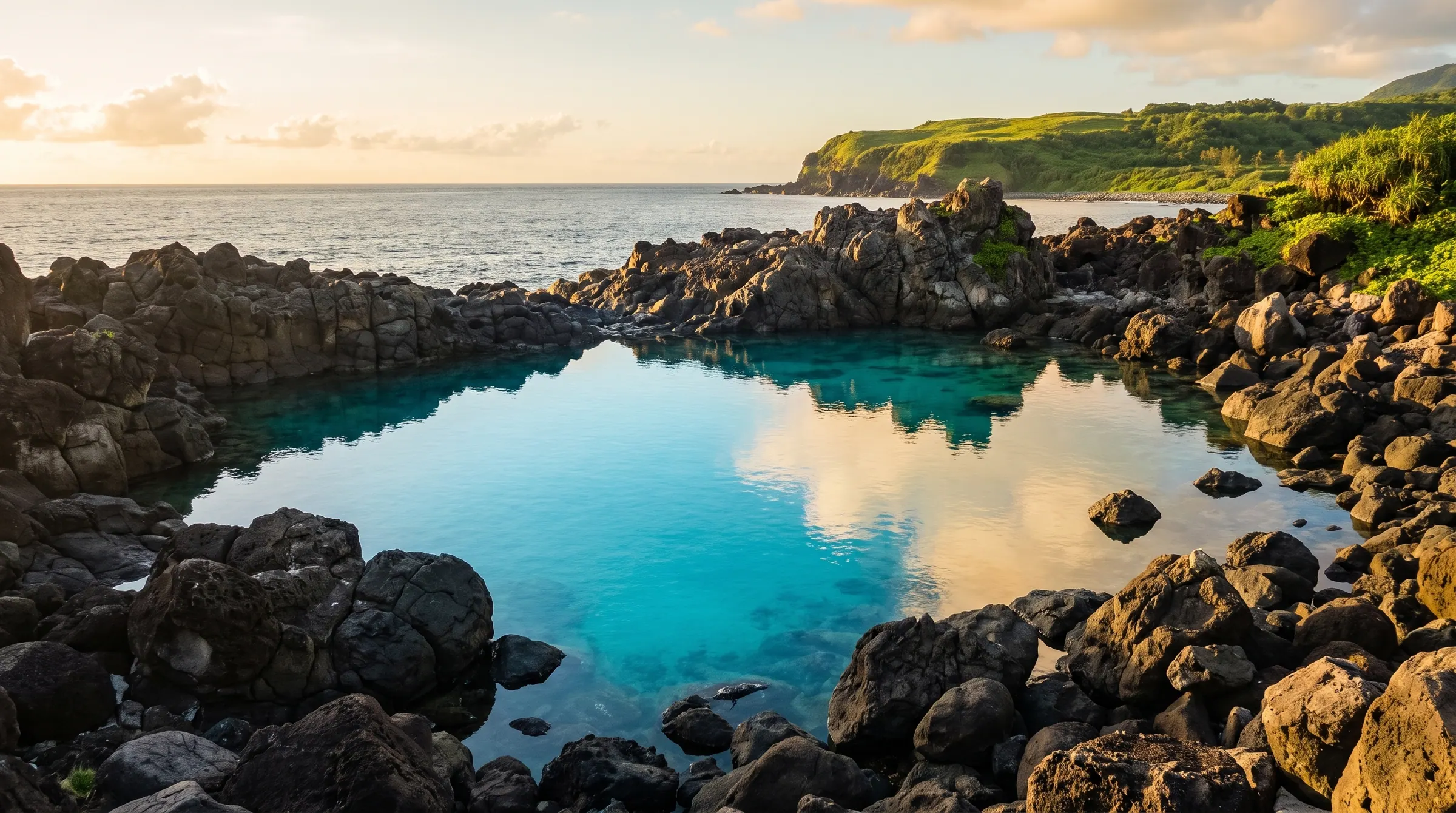 The clear turquoise water of the Homoron Blue Lagoon enclosed by dark volcanic boulders in South Batan