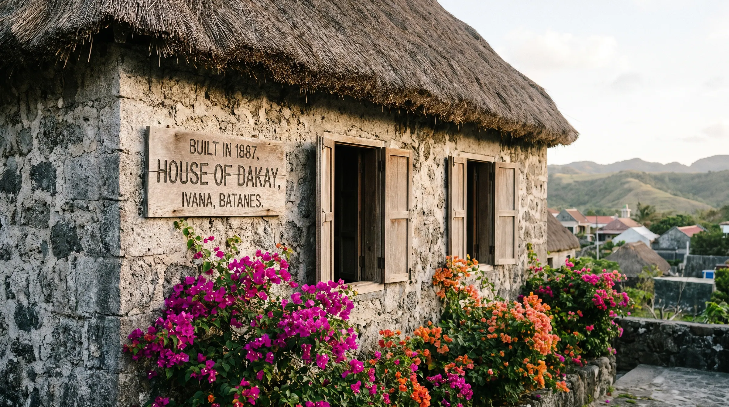 The historic stone House of Dakay with cogon roof alongside Ivana's coastal lane in South Batan
