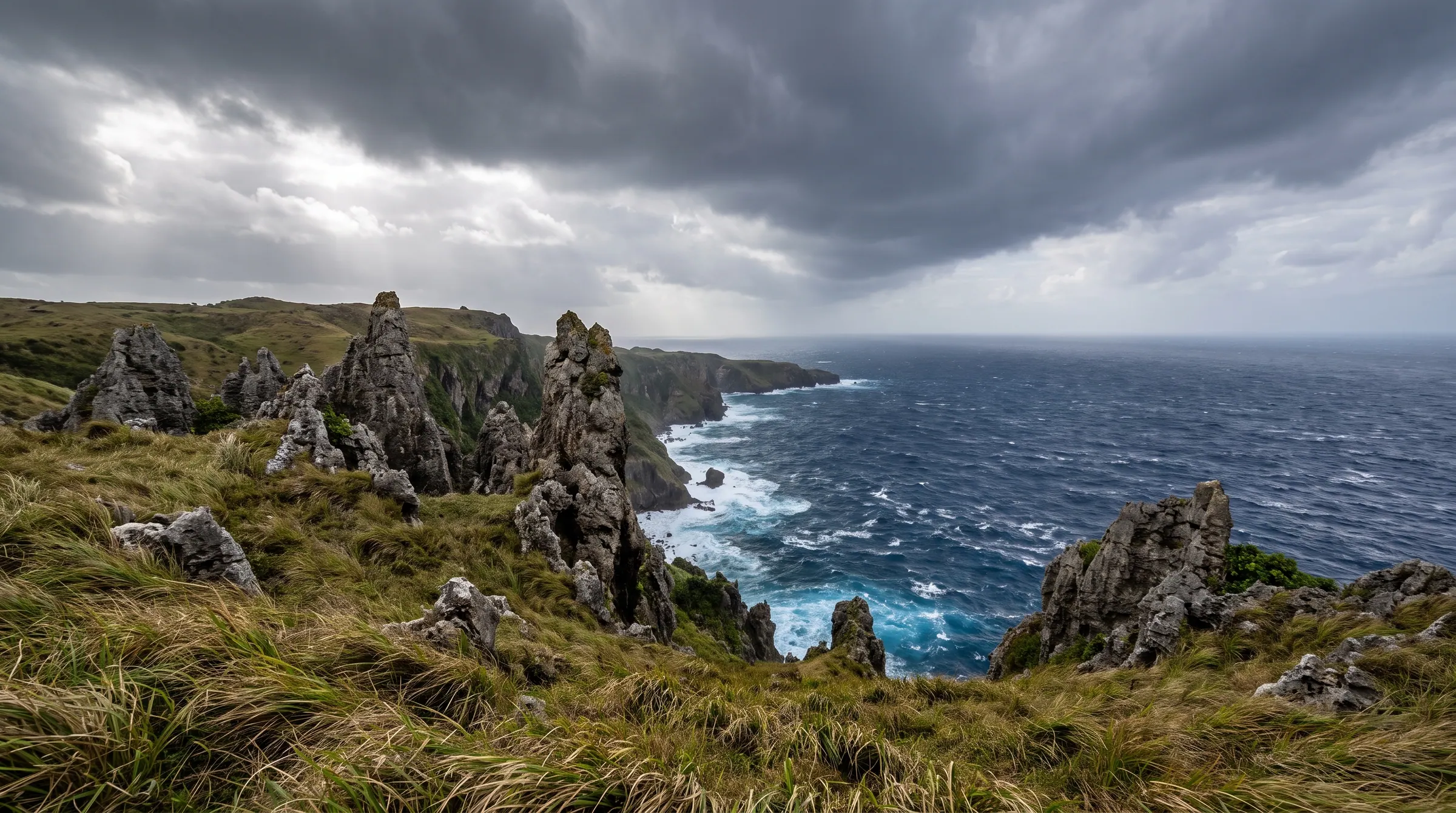Sharp uplifted coral limestone cliffs and green pasture plateau on Itbayat Island facing the Pacific Ocean