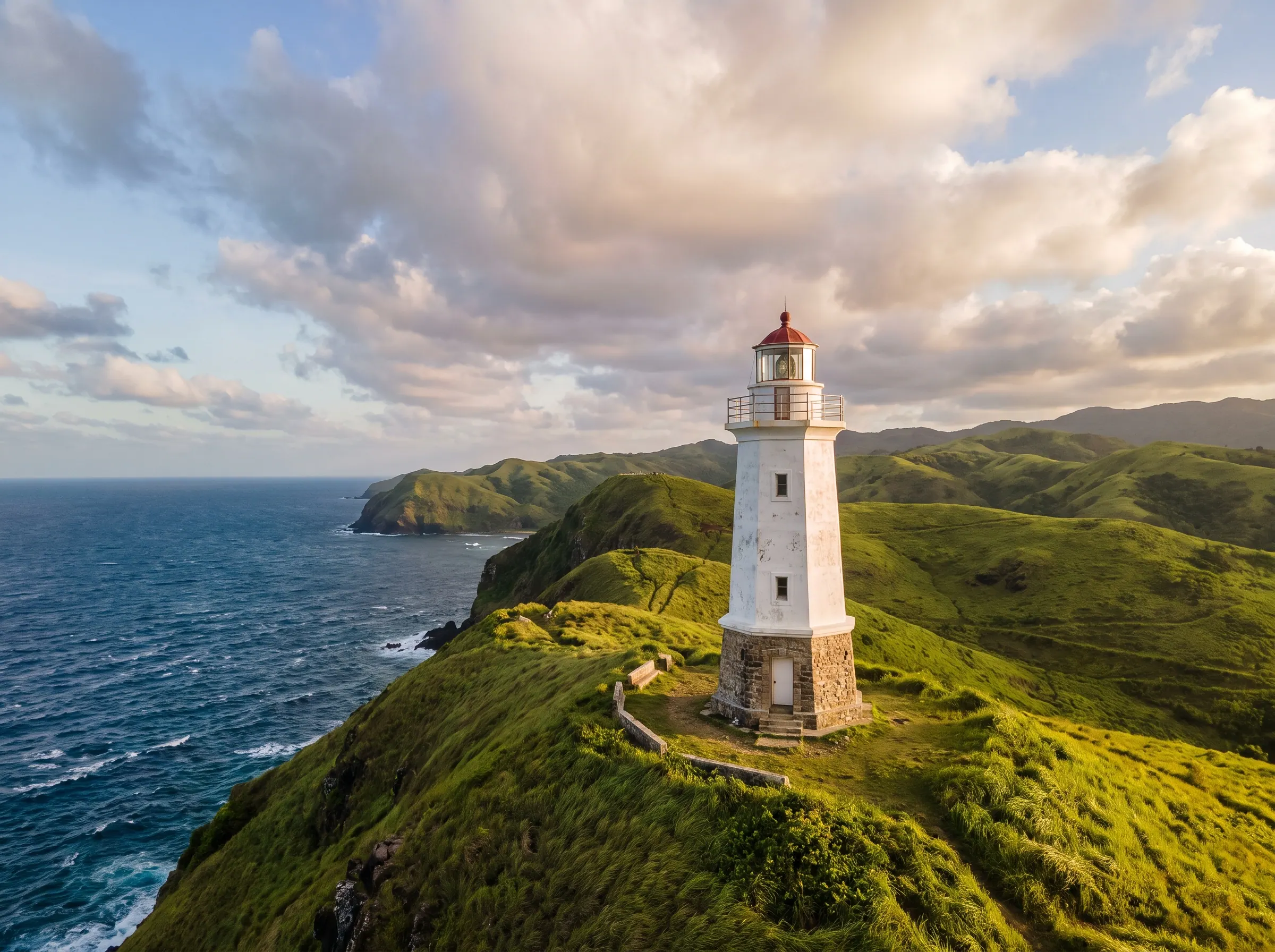 The hexagonal stone Tayid Lighthouse perched on a green cliff ridge facing the Pacific Ocean in Mahatao