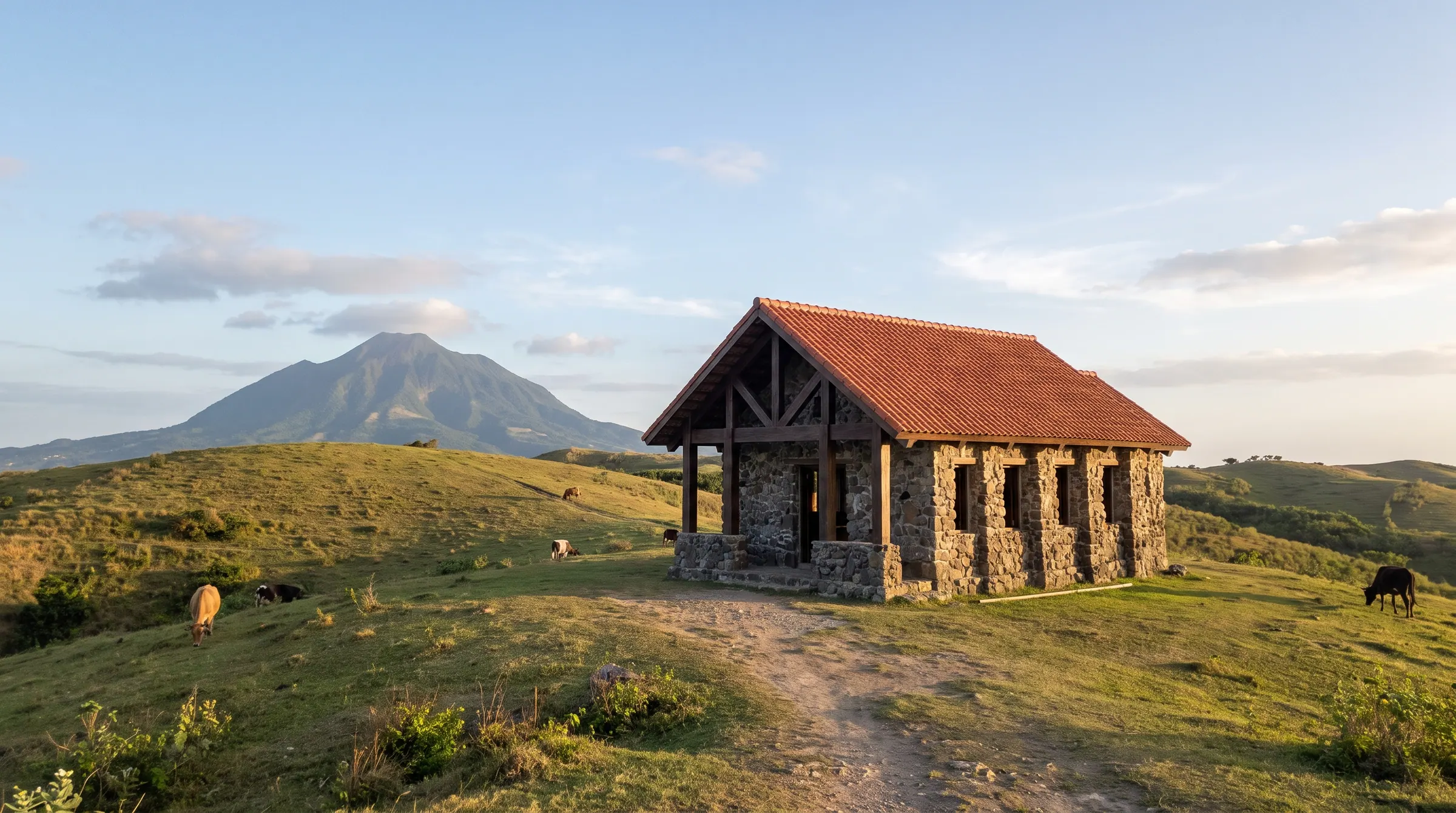 The traditional stone masonry exterior of Tukon Chapel on a green hill overlooking Batanes landscape