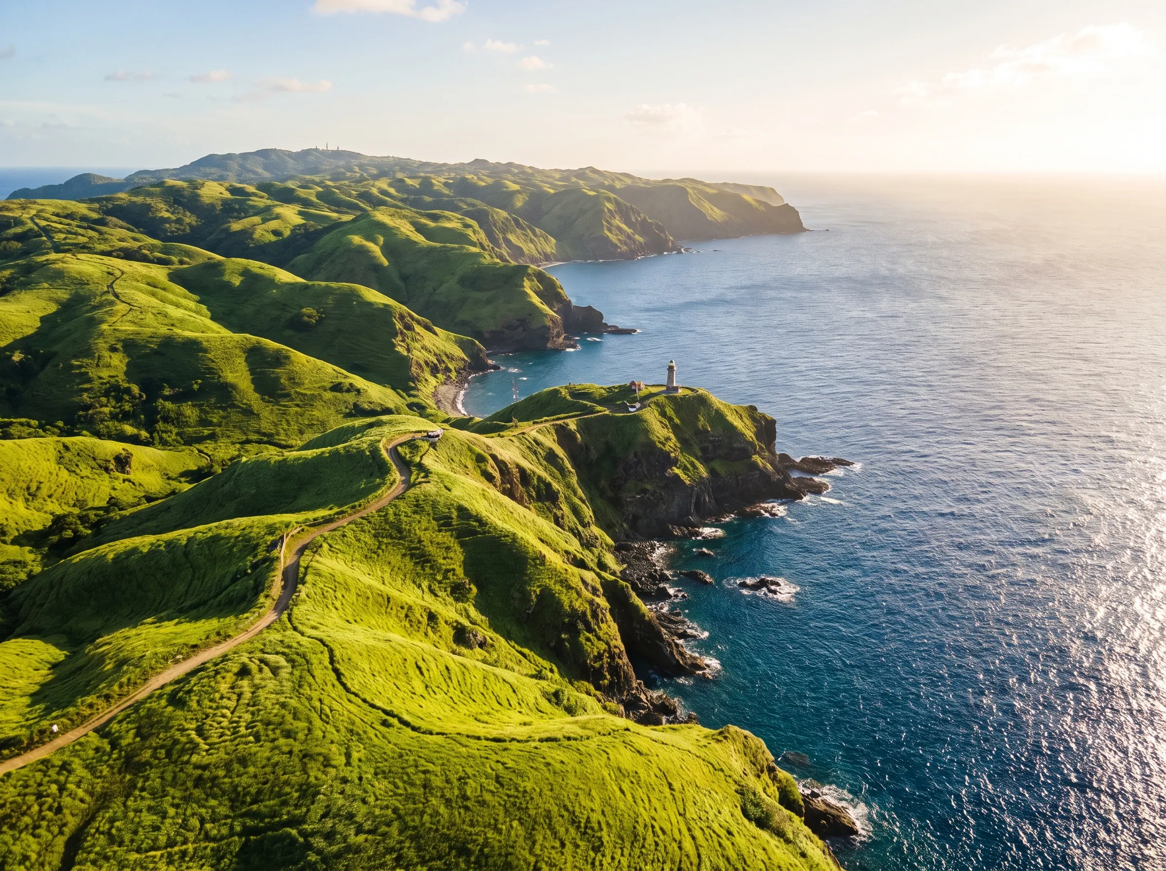 The sweeping green Vayang Rolling Hills meeting the blue ocean of the West Philippine Sea
